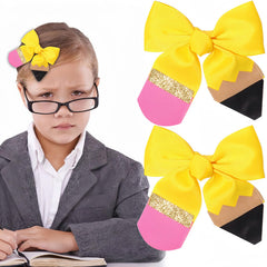HAIMITI Back To School Hair Clips for Girls Yellow Silk Pencil Hair Bows Cute Hair Accessories Kindergarten Students Toddler Hair Alligator Hairpins Barrettes for School Opens Party Decor 2pcs