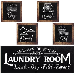 Yerliker Set of 5 Laundry Room Decor Farmhouse Laundry Room Wooden Sign Wash Fold Dry Repeat Signs Rustic Laundry Wall Art Prints Laundry Room Sign Decor for Home Unframed(BlackLarge)