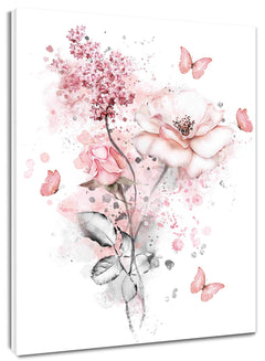LB Pink Flower Wall Art Pink Butterfly Grey Leaf Canvas Wall Art for Bedroom Fantasy Floral Painting Wood Framed Prints Wall Decor for Living Room Bathroom16x20 inches