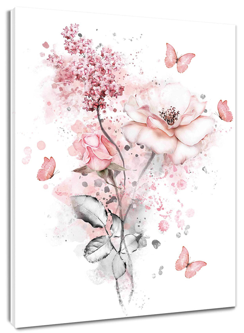 LB Pink Flower Wall Art Pink Butterfly Grey Leaf Canvas Wall Art for Bedroom Fantasy Floral Painting Wood Framed Prints Wall Decor for Living Room Bathroom16x20 inches