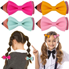 HIFANMM 4Pcs Back to School Hair Clips Pencil Bow Hair Accessories for Girls Yellow Pink Blue Rose Red Hairpins Soft Leather Alligator Hair Barrettes for School Opens Season Students Teachers Decor
