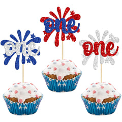 Gyufise 24Pcs Patriotic One Cupcake Toppers Firework First Birthday Cupcake Picks for Happy 4th of July American National Independence Day Theme 1st Birthday Party Cake Decorations Supplies