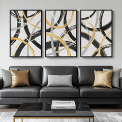 Large Framed Black and White Abstract Wall Art for Living Room 3 Piece Canvas Art Prints Wall Decor Modern Wall Paintings Artwork for Walls Black Gold Circle Pictures for Hallway Office Wall Decor 24x36 Inch