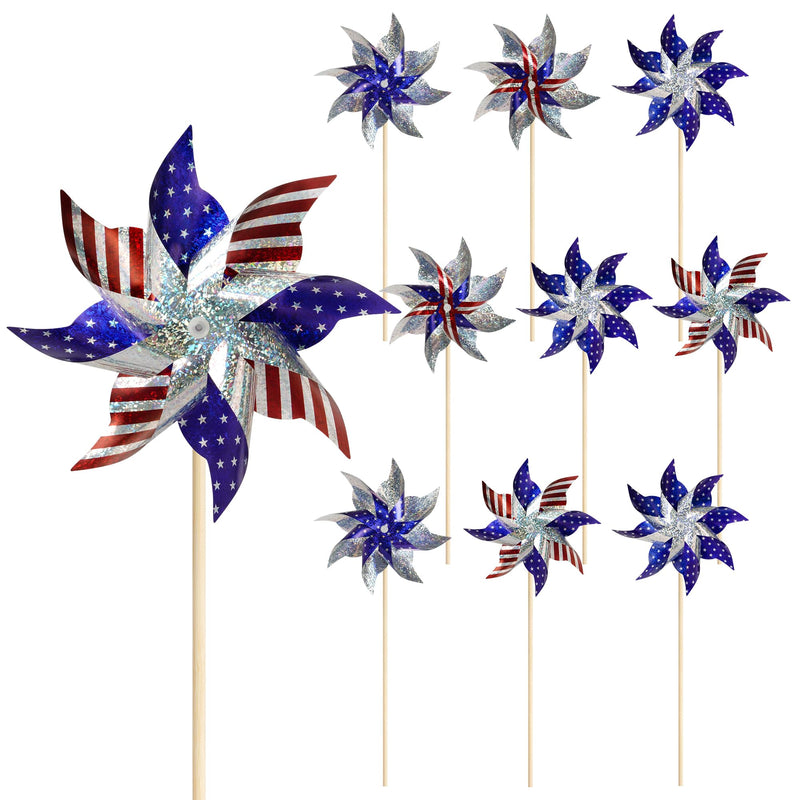 HOOSUN 4th of July Decorations Reflective Pinwheels10 Pack Patriotic Decor Red White and Blue Windmills Wind Spinners for Yard and GardenIndependence DayKidsBird Scare Devices Outdoor
