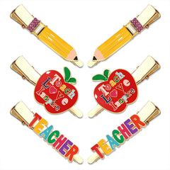 HZEYN 6 Pack Teacher Hair Clips in Pencil Teacher & Apple Designs - Rhinestone Embellished Hair Accessories for Back to School Teacher Appreciation Holiday Parties & More - Funny Gift for Her