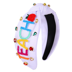 NVENF Teacher Headband for Women Crystal Pearl Knotted Headband Rhinestone Beaded FRI-YAY Embellished Top Knot Headband Back To School Teacher Accessories Teacher Appreciation Gifts (TEACH)