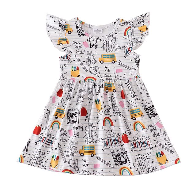 Toddler Little Girls Back to School Dresses -Apple Pencils Notebooks Bookworm School Bus，GlueTellurionBlackboard Rainbow Dresses (5/6T Back to School E)