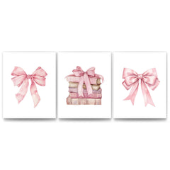 JWVK Coquette Preppy Pink Bow Girly Books Wall Art Prints Set of 3 Book Lovers Gifts Coquette Room Decor Preppy Room Decor Trendy Pink Book Posters for Girls Bedroom Dorm 8x10 Unframed