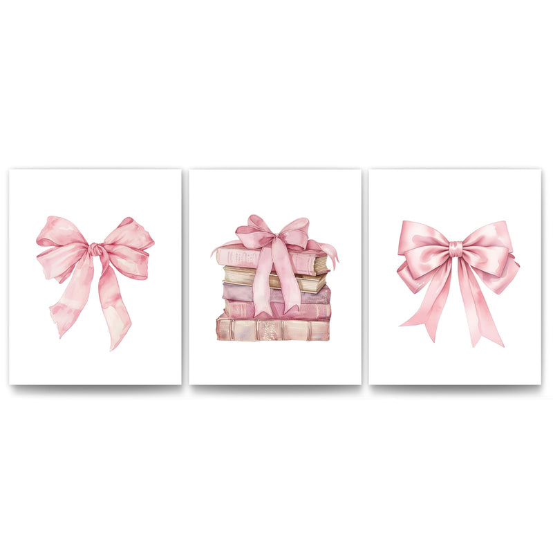 JWVK Coquette Preppy Pink Bow Girly Books Wall Art Prints Set of 3 Book Lovers Gifts Coquette Room Decor Preppy Room Decor Trendy Pink Book Posters for Girls Bedroom Dorm 8x10 Unframed