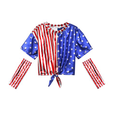 Metallic Girls Top Tie Knot Sparkly Tops with Arm Sleeves 4th of July Outfits for Girls Crop Top Tees for Gold Dance Costumes Size 8 9