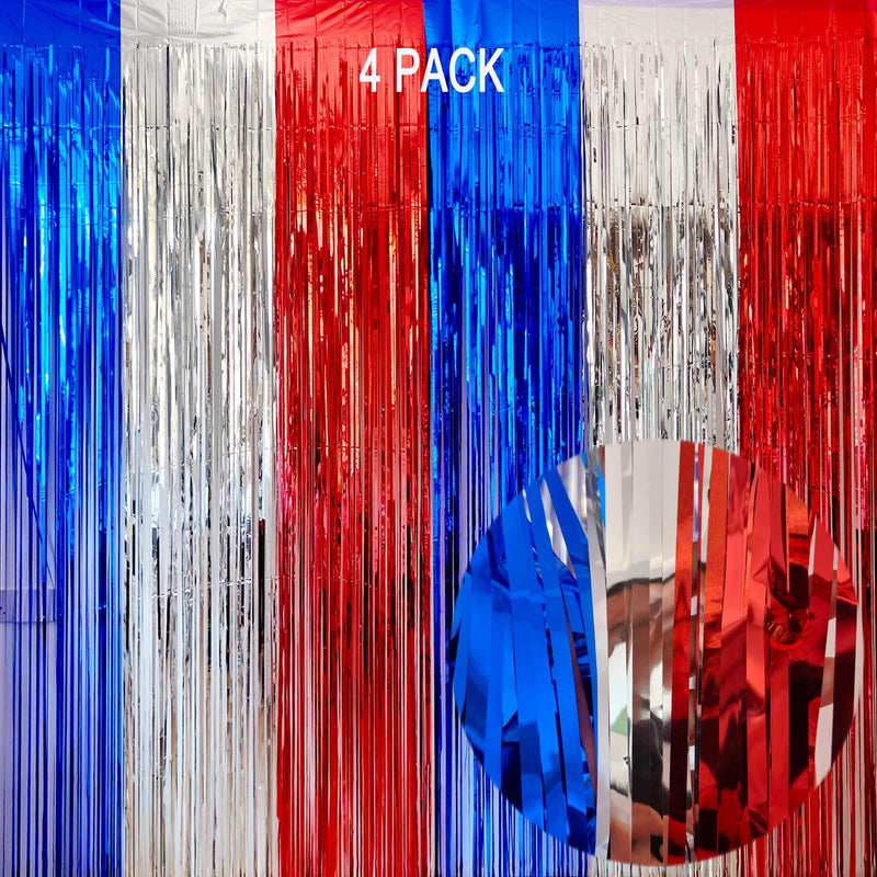 EUFARS 4th of July Decorations- 4 Pack of 3.2x8.2ft Red Silver Blue Tinsel Foil Fringe Curtains for Patriotic Party Memorial Day Independence Day Party Backdrop