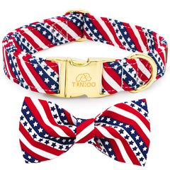 Tunkoo American Flag Dog Collar with Cute Bow Tie 4th of July Cotton Collar Adjustable Durable for Outside Small Medium Large Boys Girls Dogs L
