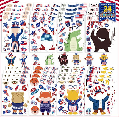 24 Sheet Make a Face Fourth of July Sticker Star Patriotic Decorations American Flag Sticker for Kids 4th of July Stickers Red White Blue Independence Day Laptop Stickers Motivational