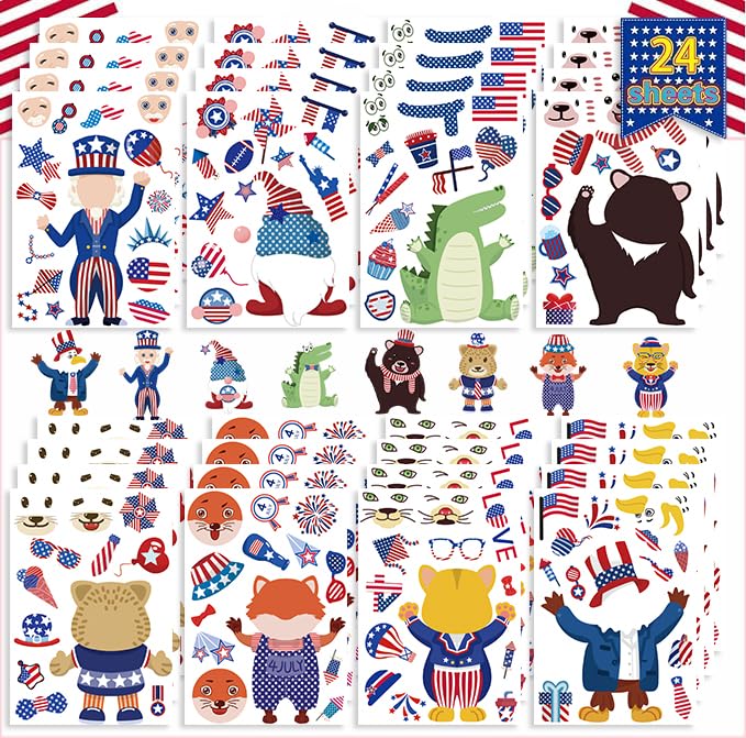 24 Sheet Make a Face Fourth of July Sticker Star Patriotic Decorations American Flag Sticker for Kids 4th of July Stickers Red White Blue Independence Day Laptop Stickers Motivational