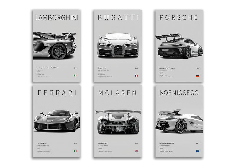 CSLGQGV Car Poster Vintage Racing Car Wall Art Supercar Canvas Prints Painting For Men Room Pictures Guys Dorm Room Aesthetics Decor Bedroom Office (Unframed8×10inch6pcs)