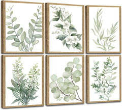 Induslyfe Framed Eucalyptus Sage Green Botanical Plant Wall Art Canvas Decor Set of 6 Leaves Wall Art Prints Posters Art Eucalyptus decor Flower wall art for bathroom bedroom living room decor 9x12