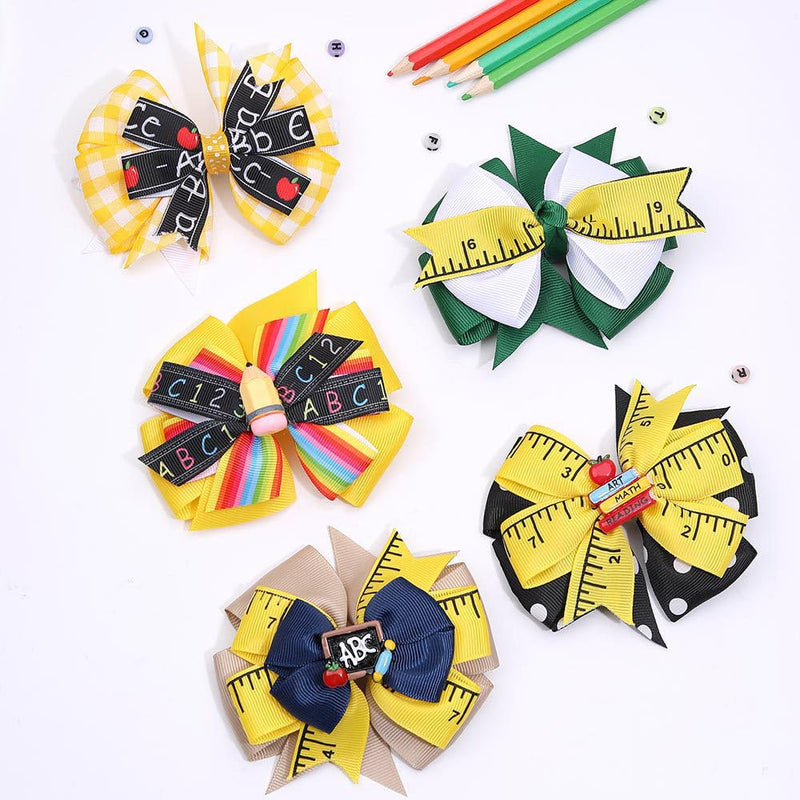 Back to School Bow Hair Clips for Girls 5PCS 4.5 Inch Yellow Apple Pencil Blackboard Hair Bows Hairgrips Alligator Clips for First Day of School Hair Accessory for Toddler Kids Kindergarten Students