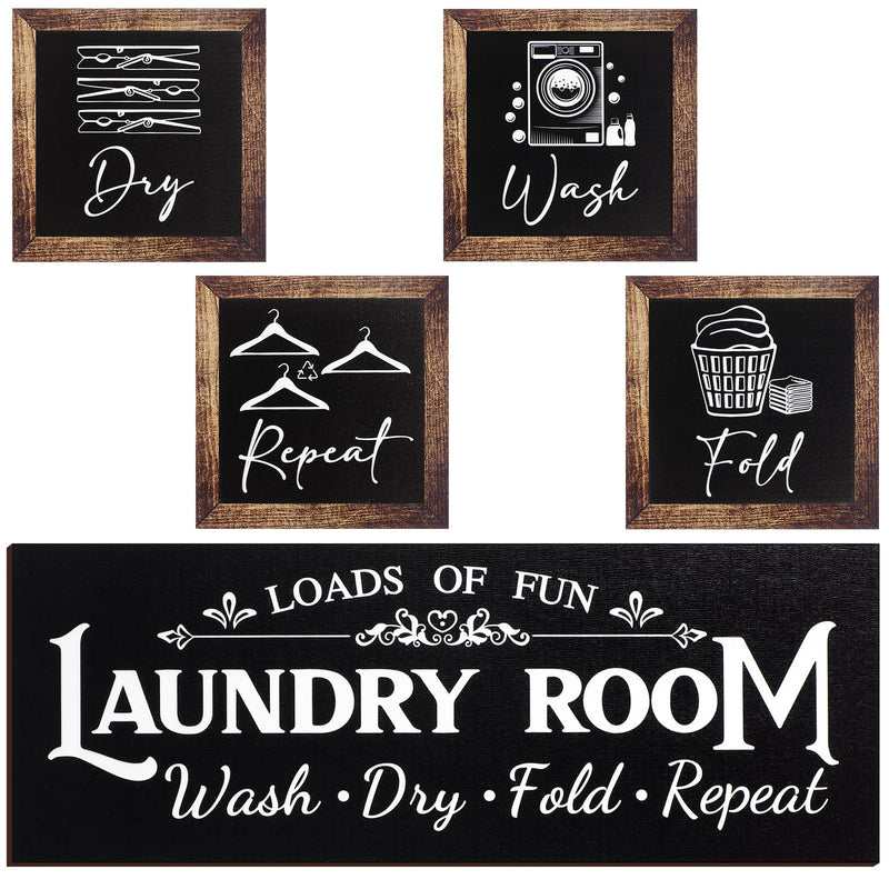 Yerliker Set of 5 Laundry Room Decor Farmhouse Laundry Room Wooden Sign Wash Fold Dry Repeat Signs Rustic Laundry Wall Art Prints Laundry Room Sign Decor for Home Unframed(BlackLarge)