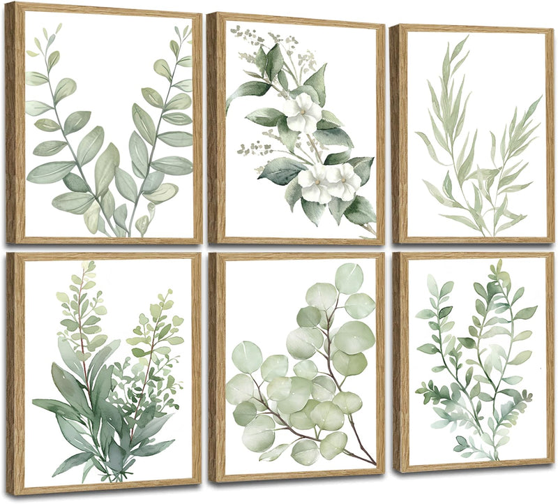 Induslyfe Framed Eucalyptus Sage Green Botanical Plant Wall Art Canvas Decor Set of 6 Leaves Wall Art Prints Posters Art Eucalyptus decor Flower wall art for bathroom bedroom living room decor 9x12