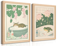 Set of 2 Japanese Bathroom Wall Art Framed Canvas with Cats & Frogs Wooden Frame Abstract Nature Poster Prints for Bathroom Decor Minimalist Zen Painting Art for Home & Spa (16" W*24" H*2piece)