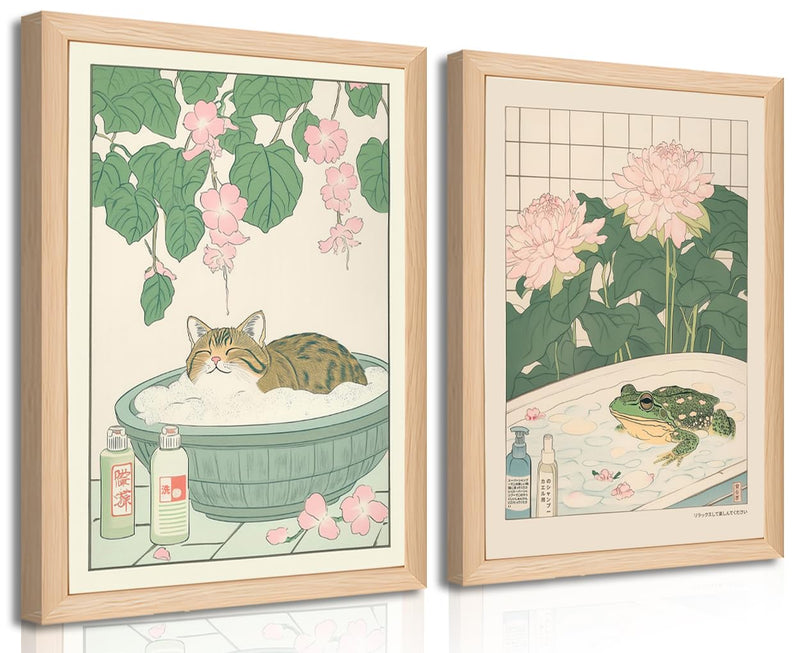 Set of 2 Japanese Bathroom Wall Art Framed Canvas with Cats & Frogs Wooden Frame Abstract Nature Poster Prints for Bathroom Decor Minimalist Zen Painting Art for Home & Spa (16
