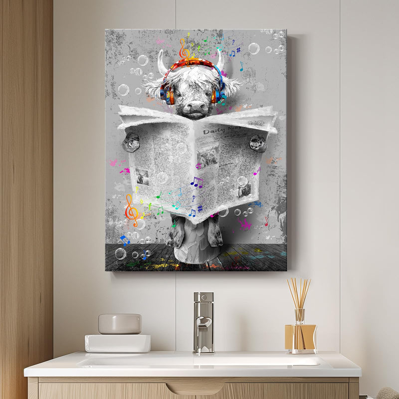 Funny Highland Cow Canvas Wall Art for Bathroom Wall Decor Black and White Cute Graffiti Farm Animal Prints Paintings Artwork for Walls Cow Pictures for Farmhouse Bathroom Decor Wall Art 12x16 Inch