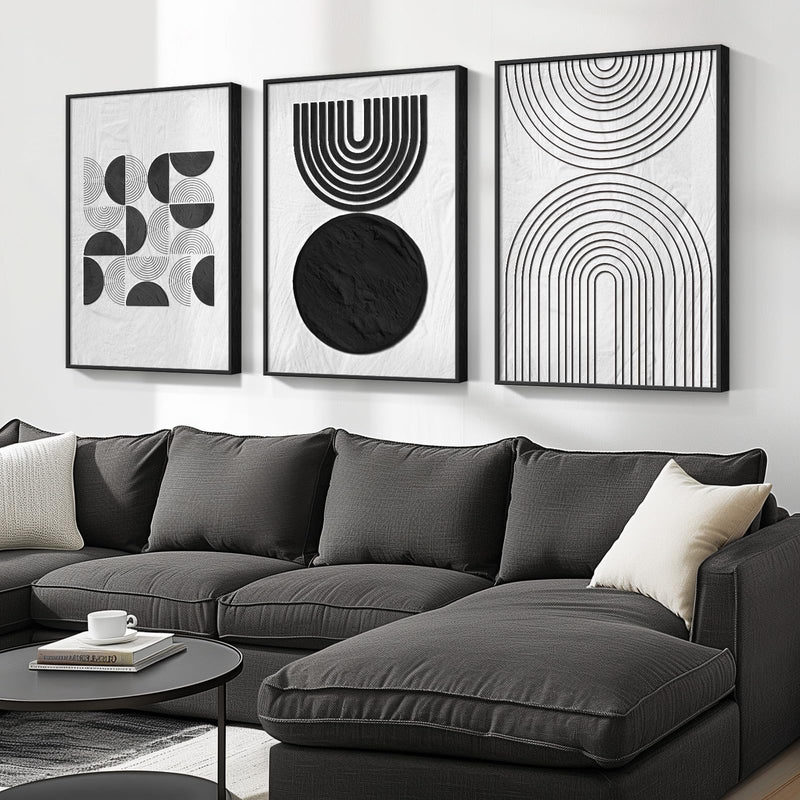 Large Framed Black and White Abstract Wall Art for Living Room Set of 3 Piece Boho Minimalist Geometric Canvas Paintings ArtWork for Walls Modern Art Prints Pictures Wall Decor for Office Hallway 24x36 Inch