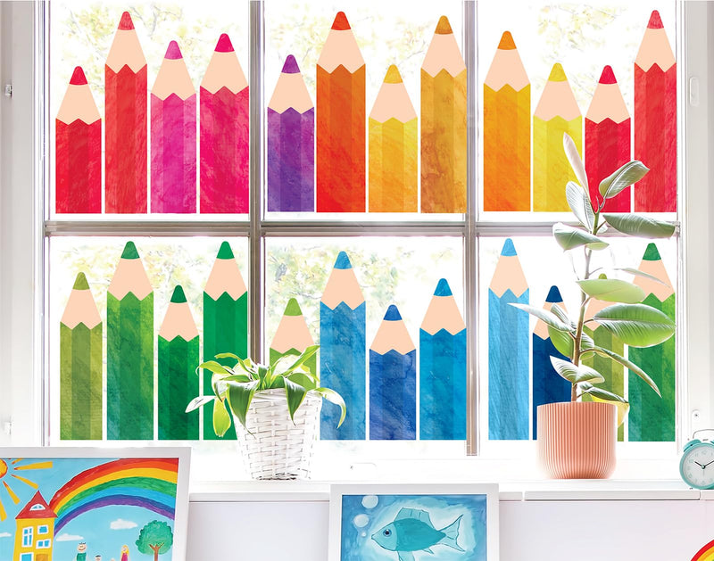 Whaline 9 Sheets Watercolor Pencil Window Clings Double-Sided Window Stickers Colorful Pencils Window Decals for First Day of School Back to The School Classroom Wall Glass Blackboard Decorations