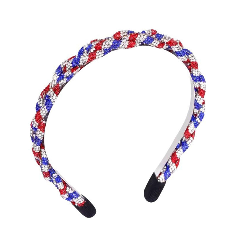 Soochat 4th of July Headband Patriotic Rhinestone Headband Crystal Red White Blue Stripes Twist Hairband for Independence Day Holiday Party Hair Accessories