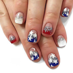 LPOODDNU Square Press on Nails Short Fake Nails Blue Red Press on Nails Independence Day Designs Cute Nail Art Decorations Glossy Full Cover Glitter Star Glue on Nails for 4th of July 24pcs