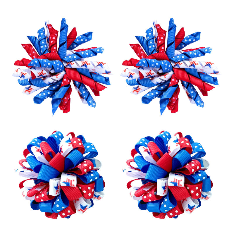 July 4th Korker Hair Bow Clip 3 Kids Patriotic Curly Corker Fireworks Cheer Bow Alligator Barrettes Toddler Baby Girls Independence Day Christmas Party Favor Gift Accessories