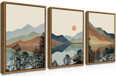 AKWISH Mountain Canvas Wall Art Set of 3 Boho Watercolor Poster Prints Paintings Sun Forest Abstract Nature Landscape Artwork Wall Decor for Living Room Bedroom Office 16x24 In Brown Framed