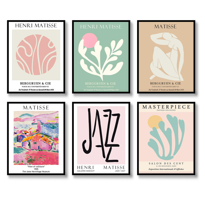 Retro Poster Set of 6 Positive Vintage Wall Art Prints Famous Aesthetic Illustration Wall Decor Exhibition Abstract Flower Market Matisse Photo Canvas Art Painting for Living Room Bedroom Corridor (H 11