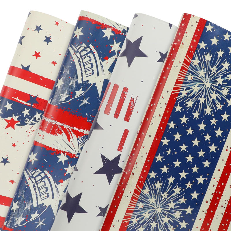 PUIKSXER Patriotic Wrapping Paper - Gift Wrap for 4th of July & Memorial Day - 12 Sheets American Flag Design - Red White & Blue Decorative Paper for Gifts 19.7x27.6 Inches