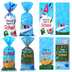 HOWAF 100pcs Back to School Cellophane Bags Happy First Day of School Candy Bags with Twist Ties for Back to School Party Favor Supplies Welcome Back to School Goodie Bags Back to School Clear