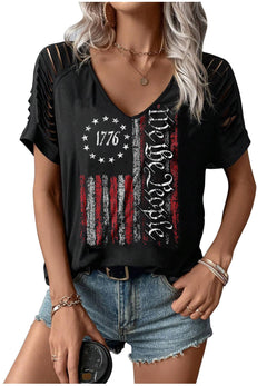 CHUNTIANRAN American Flag Shirts Cut Out T Shirts Women 4th of July Lacerated Sleeve Blouse USA American Patriotic Graphic Tees Tops(SmallBlack-1 Cut)