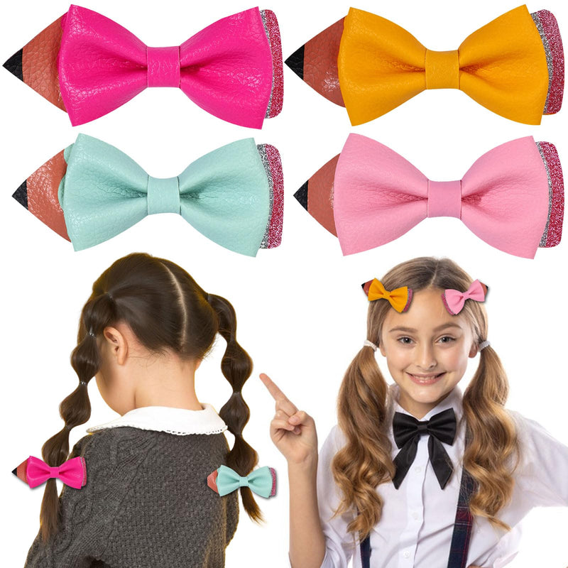 HIFANMM 4Pcs Back to School Hair Clips Pencil Bow Hair Accessories for Girls Yellow Pink Blue Rose Red Hairpins Soft Leather Alligator Hair Barrettes for School Opens Season Students Teachers Decor