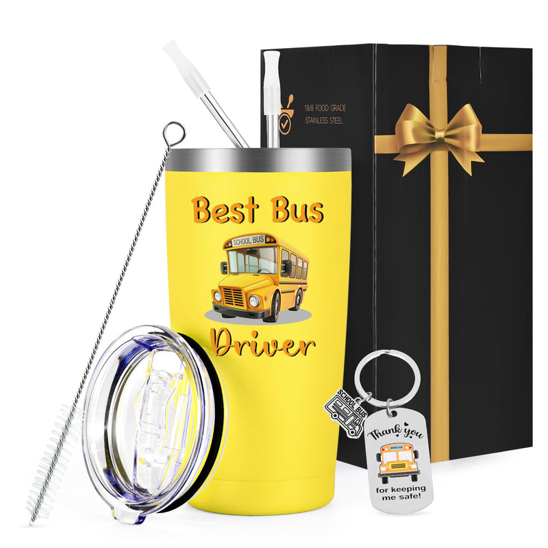 GINGPROUS Bus Driver Appreciation Gifts School Bus Driver Gifts Back to School Present for Women Men 20 Oz Stainless Steel Insulated Travel Tumbler with Keychain Lids and Straws Yellow