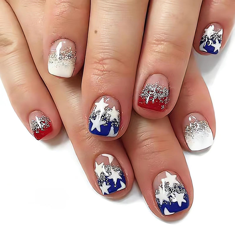 LPOODDNU Square Press on Nails Short Fake Nails Blue Red Press on Nails Independence Day Designs Cute Nail Art Decorations Glossy Full Cover Glitter Star Glue on Nails for 4th of July 24pcs