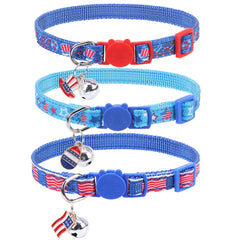 PUPTECK 3 Pack 4th of July Cat Collar with Bells Breakaway - Safety Small Kitten Collar Adjustable American Flag for Independence Day Blue 8-12 in