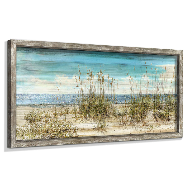 Seascape Framed Wooden Wall Art: Beach Art Prints Ocean Painting Style Artwork Seaside Wall Decor Sand Dunes Picture Coastal Theme Prints for Bedroom 24