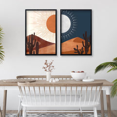 Sun and Moon Cactus Desert Landscape Wall Art Decor 16"x11" Modren Farmhouse Living Room Set of 2 Botanical Prints Wooden Framed Bedroom Boho Multicolor Minimal Wall Hanging Sign (Black)