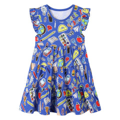 HILEELANG Girl Dress Back to School Short Sleeve Cotton Casual Blue A Line Swing Tiered Twirly Playwear Sundress 7 Years