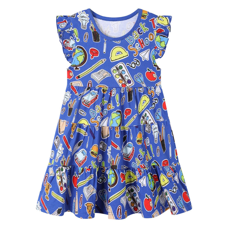 HILEELANG Girl Dress Back to School Short Sleeve Cotton Casual Blue A Line Swing Tiered Twirly Playwear Sundress 7 Years