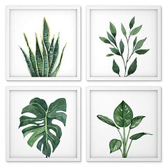 ArtbyHannah 10x10 Framed Wall Art Plant Wall Decor for Bathroom Wall Pictures with White Frames and Green Leaf Plant Prints Set of 4