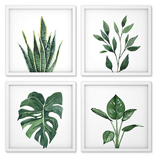 ArtbyHannah 10x10 Framed Wall Art Plant Wall Decor for Bathroom Wall Pictures with White Frames and Green Leaf Plant Prints Set of 4