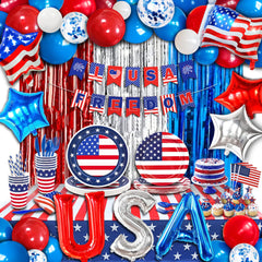Party Spot! 272 pcs 4th of July Birthday Party decorations16 Tableware Sets“USA” Balloons Paper Plates Patriotic Party Decorations Independence Day Party Decoration Tablecloth Flag
