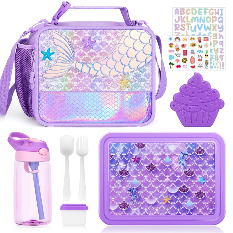 JYPS Mermaid Bento Box for Kids with Insulated Lunch Bag Lunch box Set with kids water bottleSauce ContainerIce PackUtensilsPerfect Lunch Container for Girls and Toddlers Back to School Age 7-15