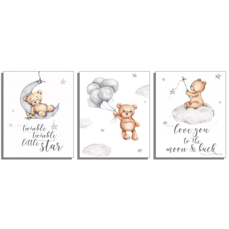 Nursery Wall Art Cute Little Bear Moon Love Sentence Cartoon Canvas Art Prints - Set of 3 (11 inches x 14 inches) Wall Art Decor Photos Bedroom Playroom (No framed)