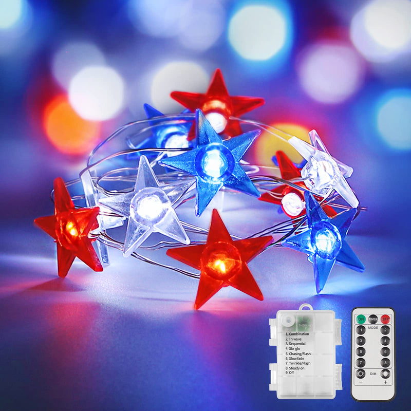 suddus 4th of July Decorations Red White and Blue String Lights Battery Operated 40 Led Star Fairy Lights for Independence Day Memorial Day